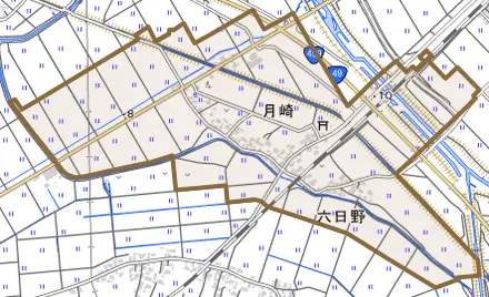 月崎とその周辺の地図。町の範囲を重ねている
