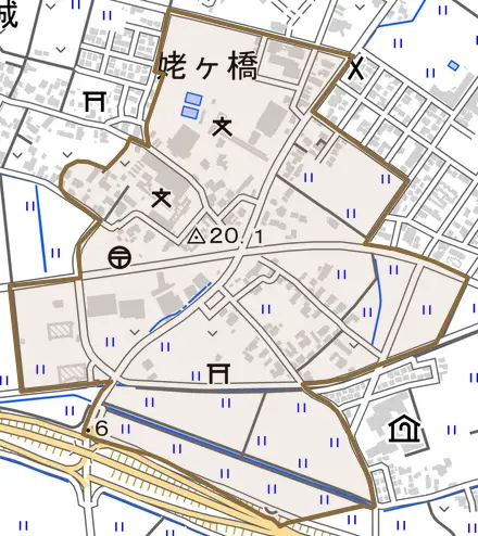 姥ヶ橋とその周辺の地図。町の範囲を重ねている