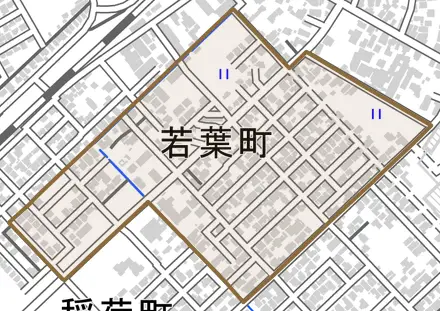 若葉町とその周辺の地図。町の範囲を重ねている