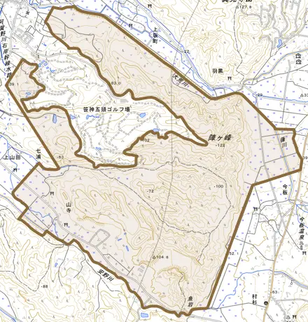 山寺とその周辺の地図。町の範囲を重ねている