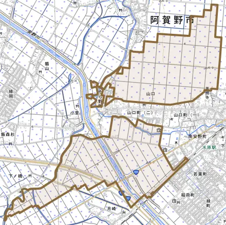 山口とその周辺の地図。町の範囲を重ねている