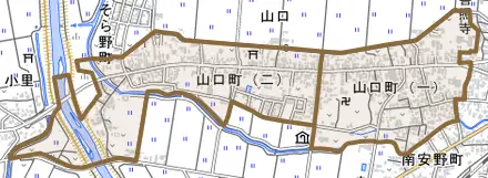 山口町とその周辺の地図。町の範囲を重ねている