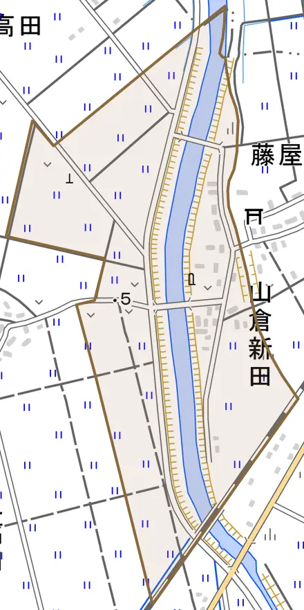 山倉新田とその周辺の地図。町の範囲を重ねている