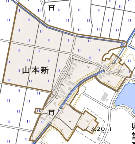 山本新とその周辺の地図。町の範囲を重ねている