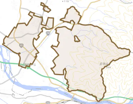 保田とその周辺の地図。町の範囲を重ねている