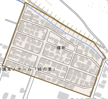 曙町とその周辺の地図。町の範囲を重ねている