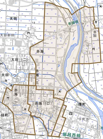 赤海とその周辺の地図。町の範囲を重ねている