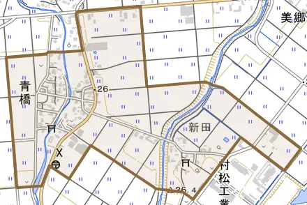 青橋とその周辺の地図。町の範囲を重ねている