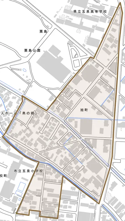 旭町とその周辺の地図。町の範囲を重ねている