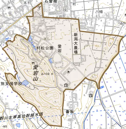 愛宕とその周辺の地図。町の範囲を重ねている