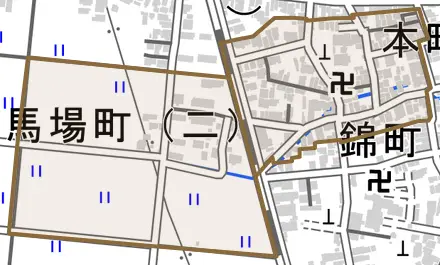馬場町とその周辺の地図。町の範囲を重ねている