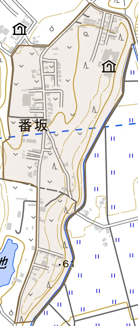 番坂とその周辺の地図。町の範囲を重ねている