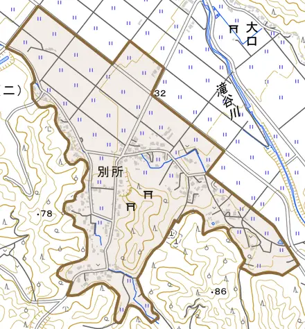 別所とその周辺の地図。町の範囲を重ねている