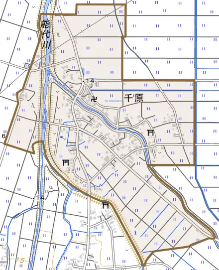 千原とその周辺の地図。町の範囲を重ねている