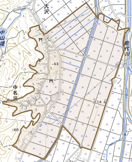 中名沢とその周辺の地図。町の範囲を重ねている