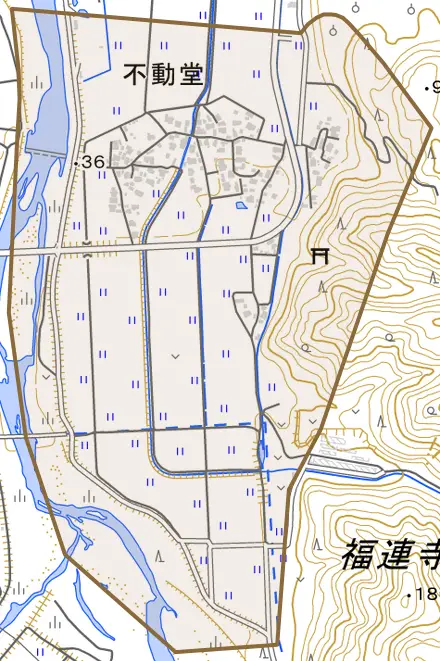 不動堂とその周辺の地図。町の範囲を重ねている