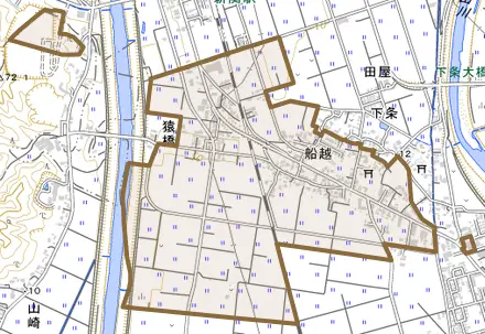 船越とその周辺の地図。町の範囲を重ねている