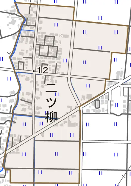 二ツ柳とその周辺の地図。町の範囲を重ねている