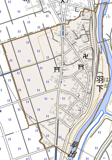 羽下とその周辺の地図。町の範囲を重ねている