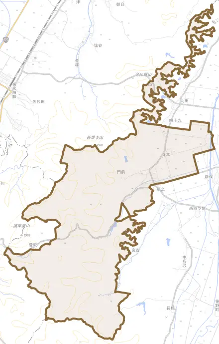 橋田とその周辺の地図。町の範囲を重ねている