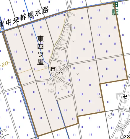 東四ツ屋とその周辺の地図。町の範囲を重ねている