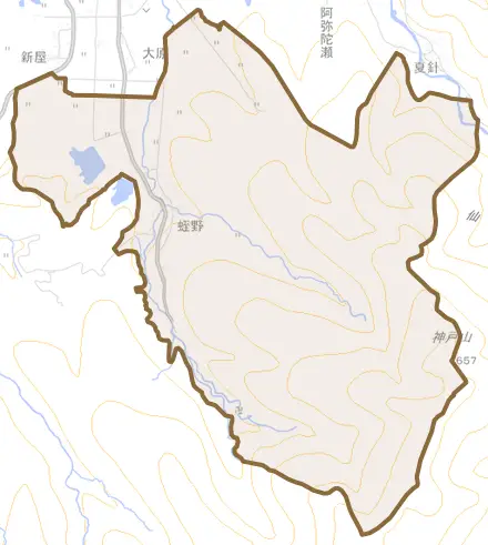 蛭野とその周辺の地図。町の範囲を重ねている