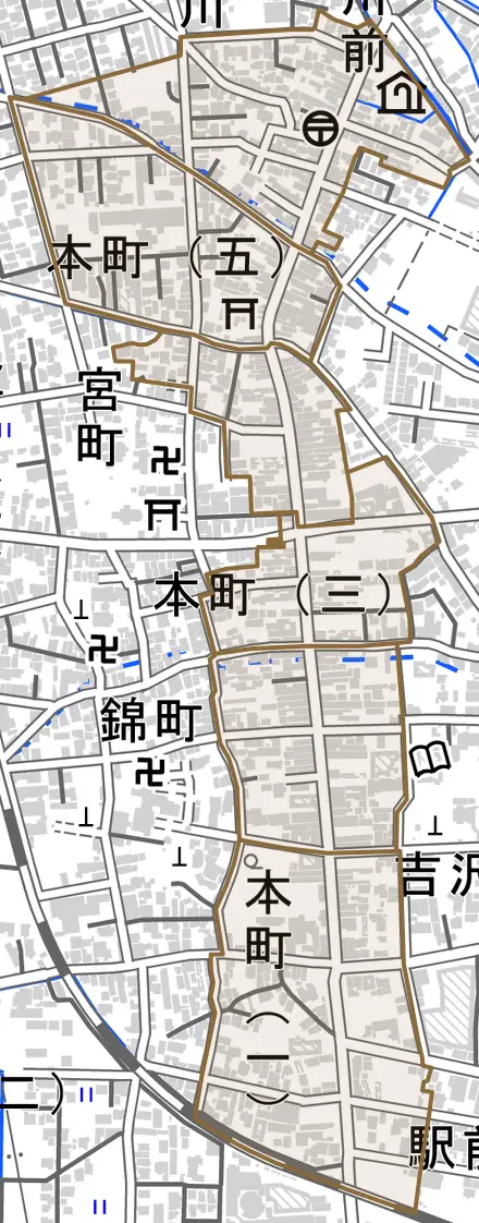 本町とその周辺の地図。町の範囲を重ねている