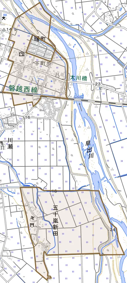 五十嵐新田とその周辺の地図。町の範囲を重ねている