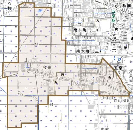 今泉とその周辺の地図。町の範囲を重ねている