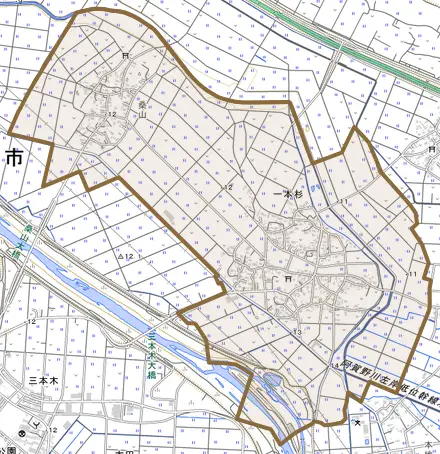 一本杉とその周辺の地図。町の範囲を重ねている