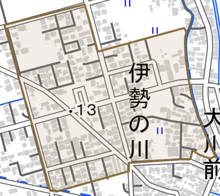 伊勢の川とその周辺の地図。町の範囲を重ねている