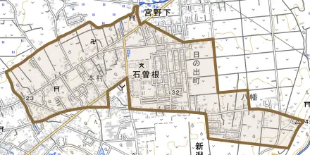 石曽根とその周辺の地図。町の範囲を重ねている