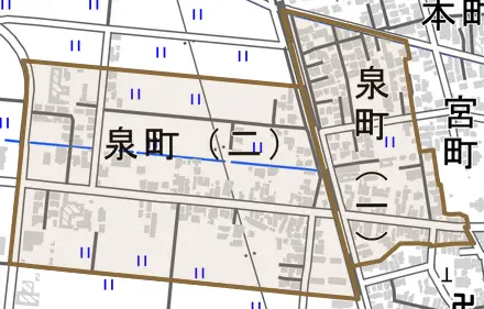 泉町とその周辺の地図。町の範囲を重ねている