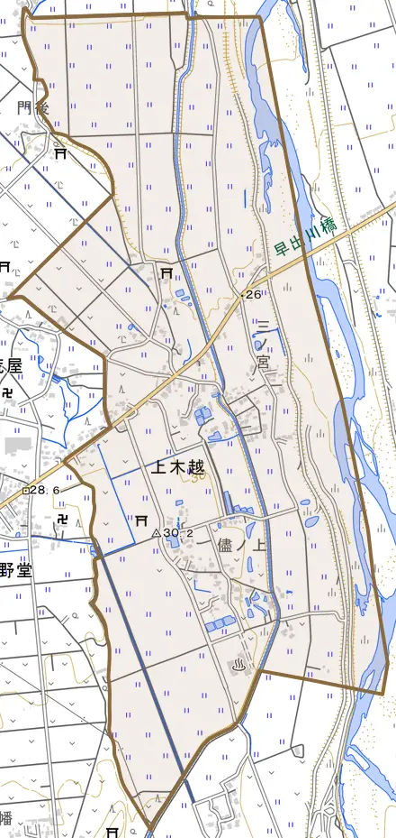 上木越とその周辺の地図。町の範囲を重ねている