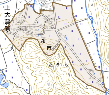 上大蒲原とその周辺の地図。町の範囲を重ねている