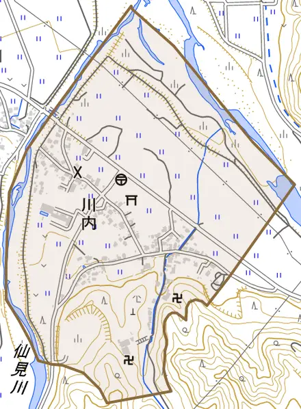 川内とその周辺の地図。町の範囲を重ねている
