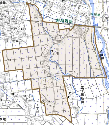 川瀬とその周辺の地図。町の範囲を重ねている