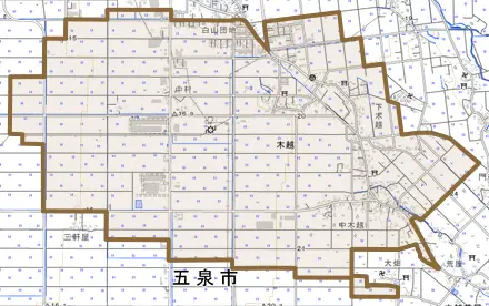 木越とその周辺の地図。町の範囲を重ねている