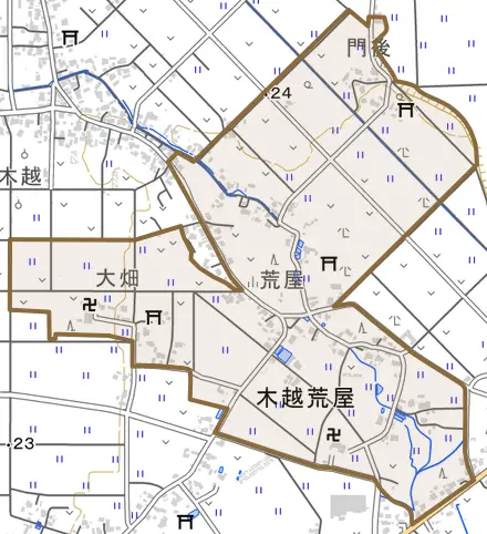 木越荒屋とその周辺の地図。町の範囲を重ねている