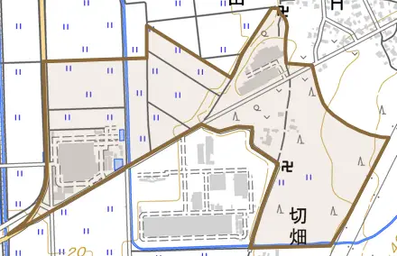 切畑とその周辺の地図。町の範囲を重ねている