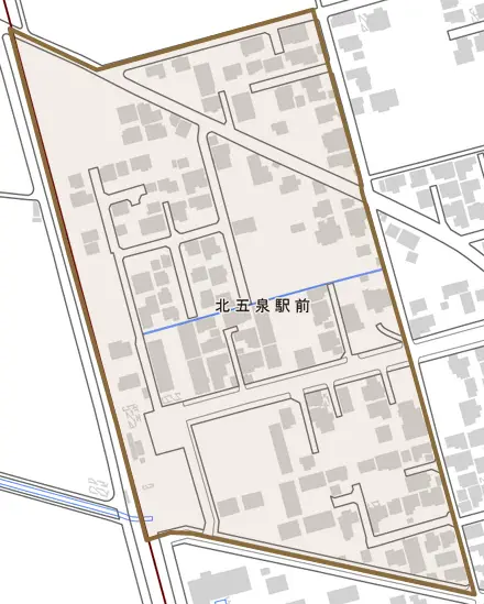 北五泉駅前とその周辺の地図。町の範囲を重ねている