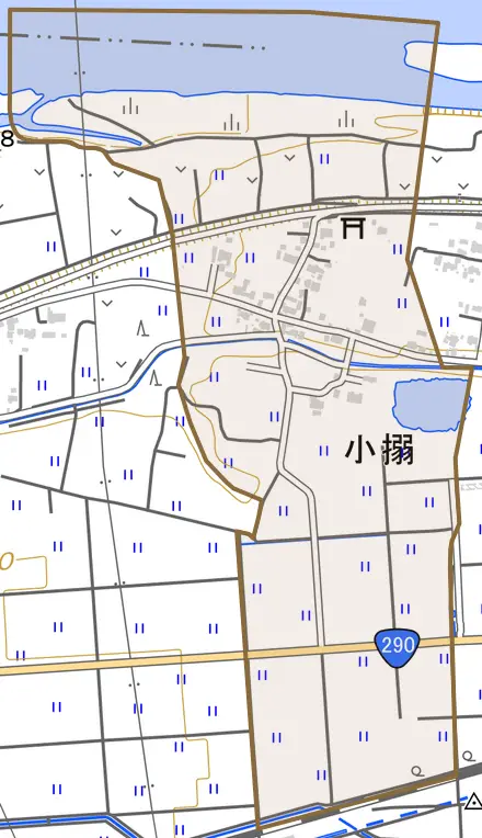 小搦とその周辺の地図。町の範囲を重ねている