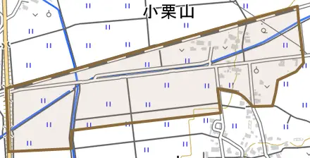 小栗山とその周辺の地図。町の範囲を重ねている