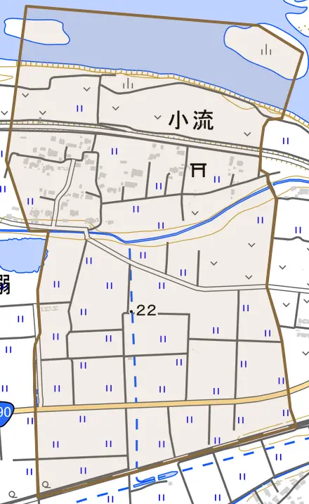 小流とその周辺の地図。町の範囲を重ねている