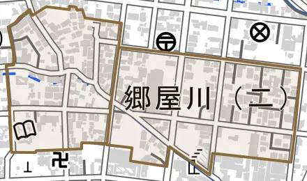 郷屋川とその周辺の地図。町の範囲を重ねている