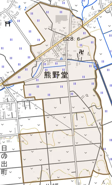 熊野堂とその周辺の地図。町の範囲を重ねている