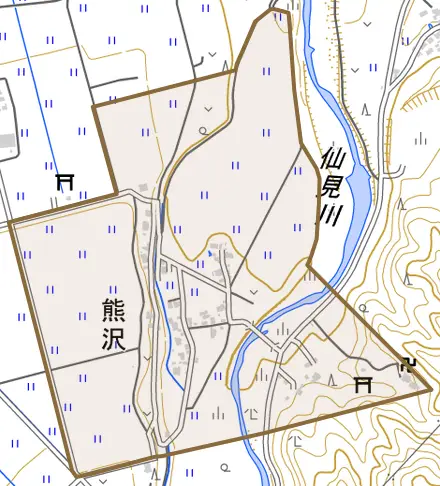 熊沢とその周辺の地図。町の範囲を重ねている