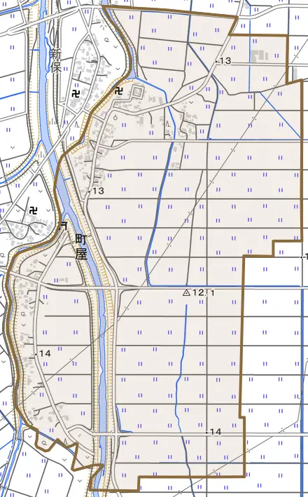 町屋とその周辺の地図。町の範囲を重ねている
