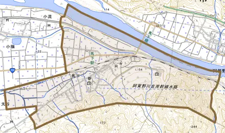 馬下とその周辺の地図。町の範囲を重ねている