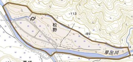 松野とその周辺の地図。町の範囲を重ねている